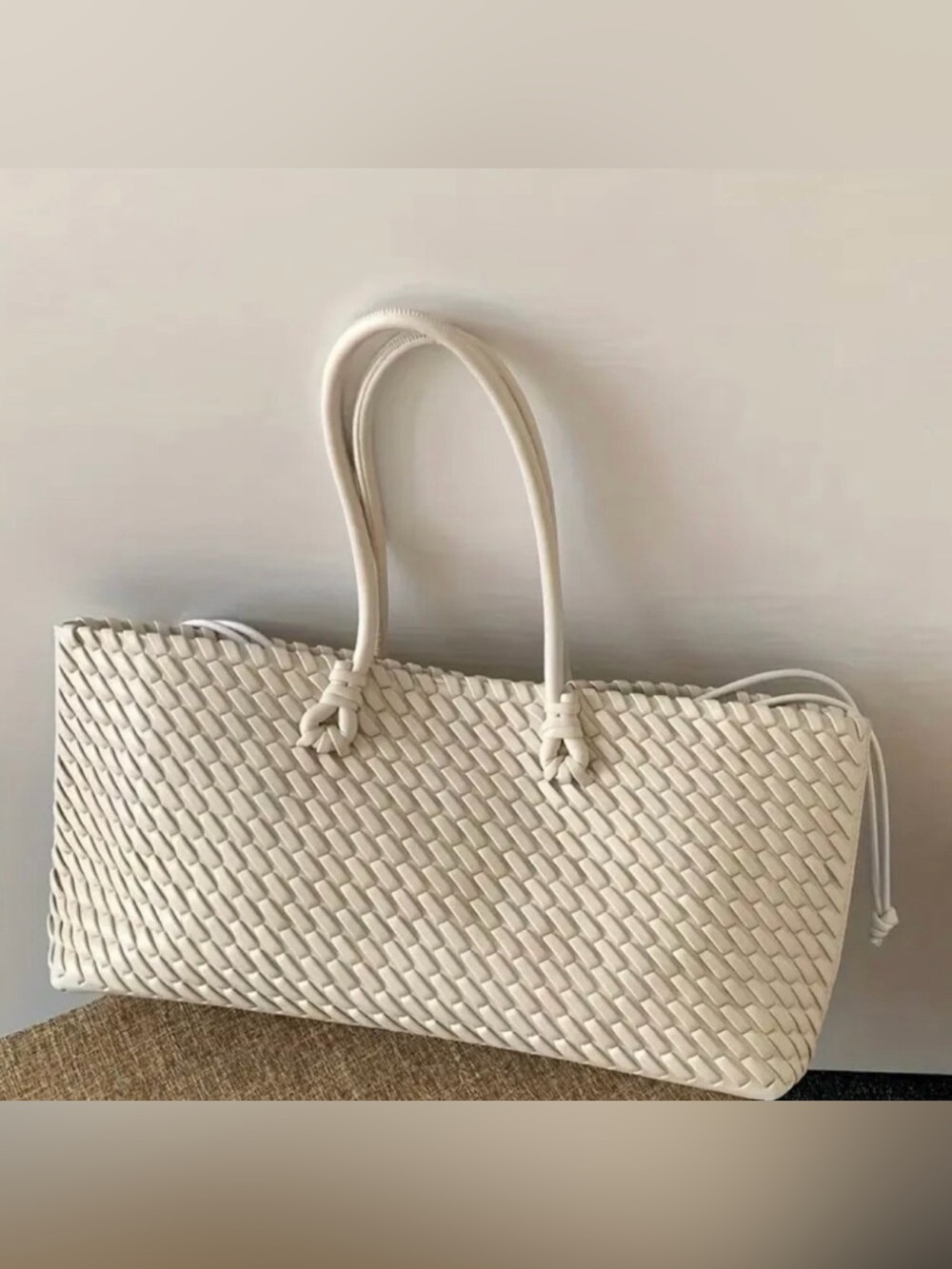 New Cream Woven Shoulder Bag Shopper East-West Elongated Style - Large Capacity